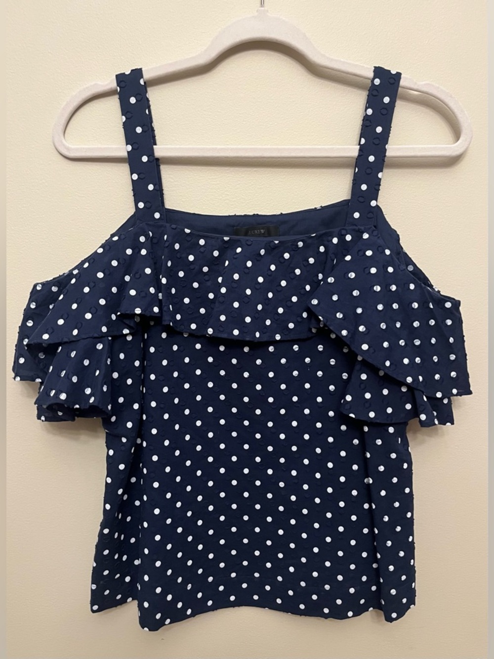 J. Crew Polka Dot Cold-Shoulder Ruffle Top Women's Size 6 100% Cotton Navy White